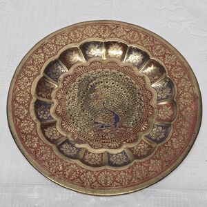 Vintage Engraved Peacock Brass Red Blue Enamel Wall Hanging Traditional Plate